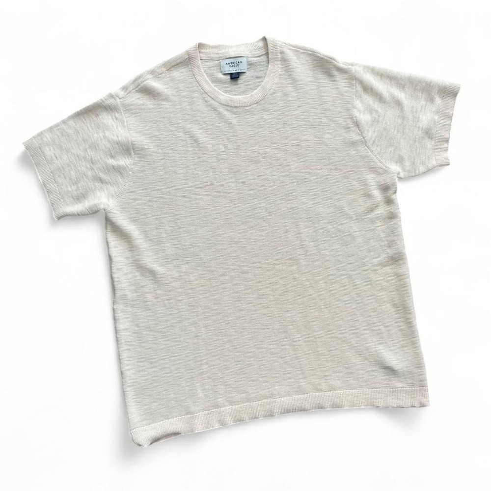 American Eagle Men's L Beige Knit Sweater Tee Crewneck Short Sleeve Minimalist